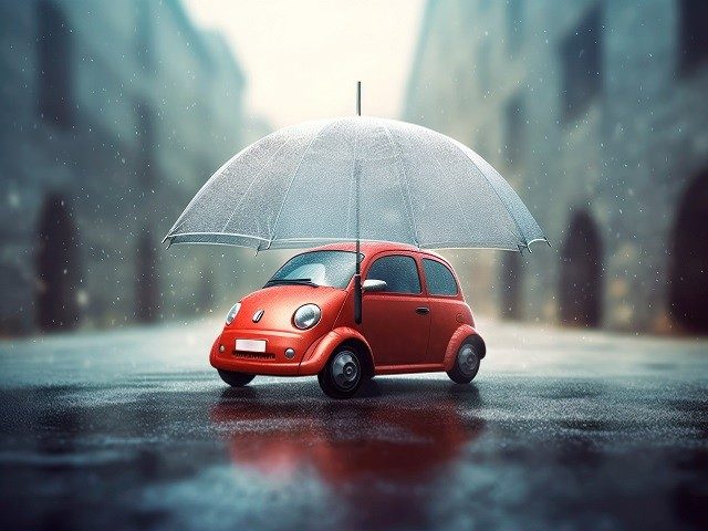 Auto im Regen mit schützendem Regenschirm