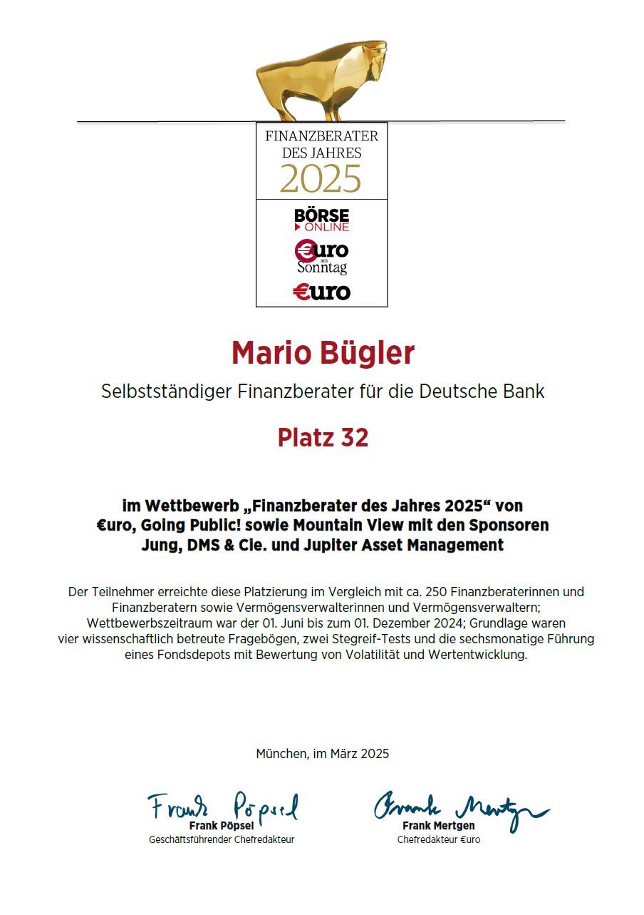 Urkunde, Finanzberater des Jahres 2025, Mario Bügler