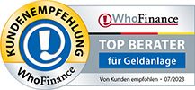 WhoFinance Top Berater Siegel WhoFinance Top Beraterin für Geldanlage 03/2022