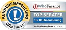 WhoFinance Kundenempfehlung: Top Berater für Baufinanzierung 11/2023