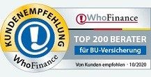Kundenempfehlung WhoFinance Top 200 Berater für BU-Versicherung 2020