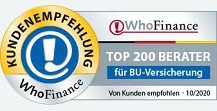 WhoFinance Top Berater Siegel Kundenempfehlung WhoFinance Top 200 Berater für BU-Versicherung 2020